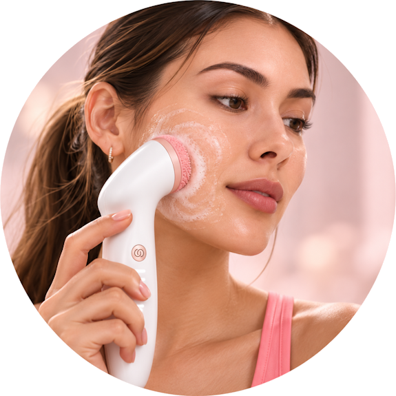Mujer usando un dispositivo de cuidado facial