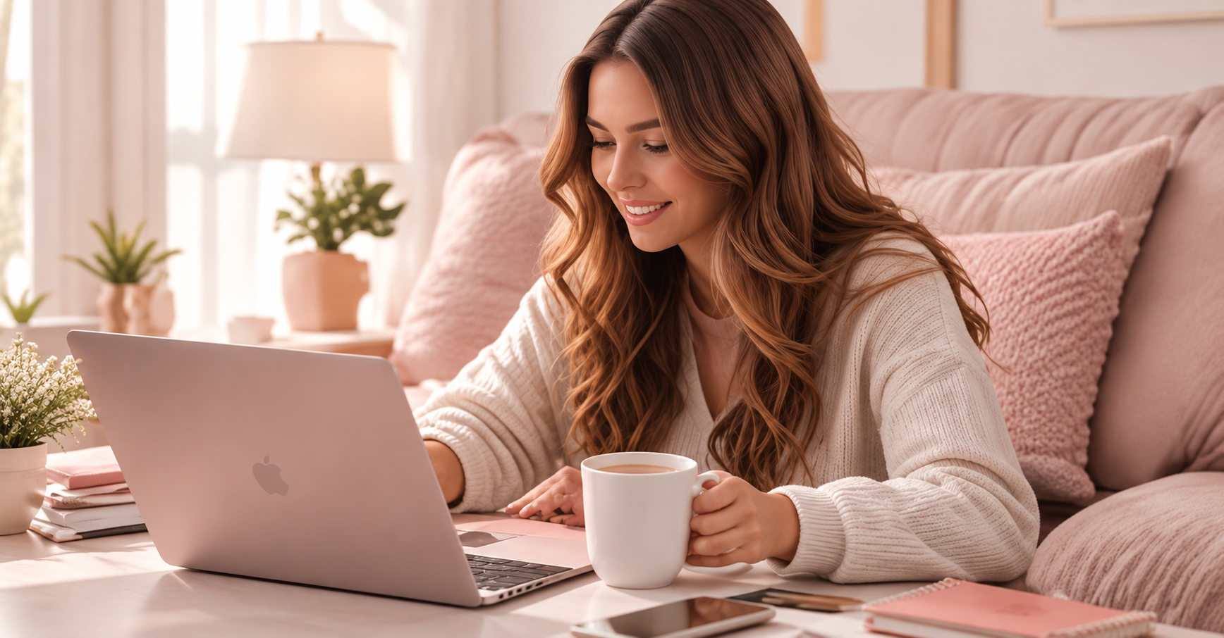 Mujer trabajando desde casa con su computadora