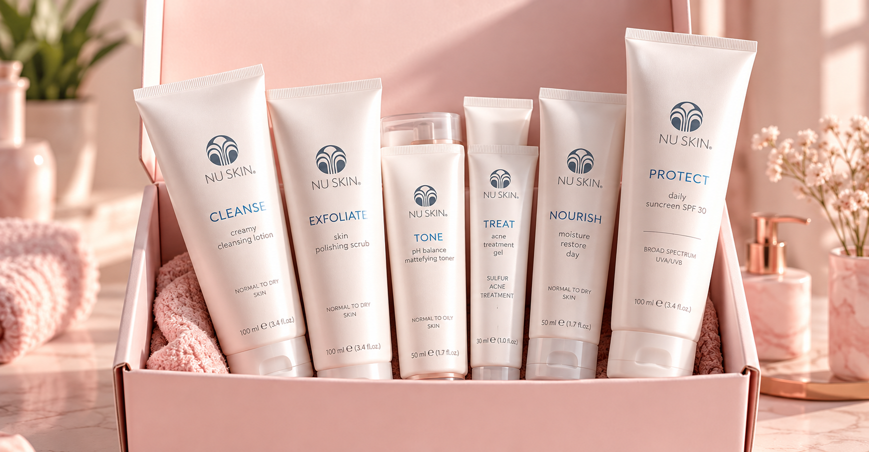 Productos Nu Skin organizados sobre una mesa