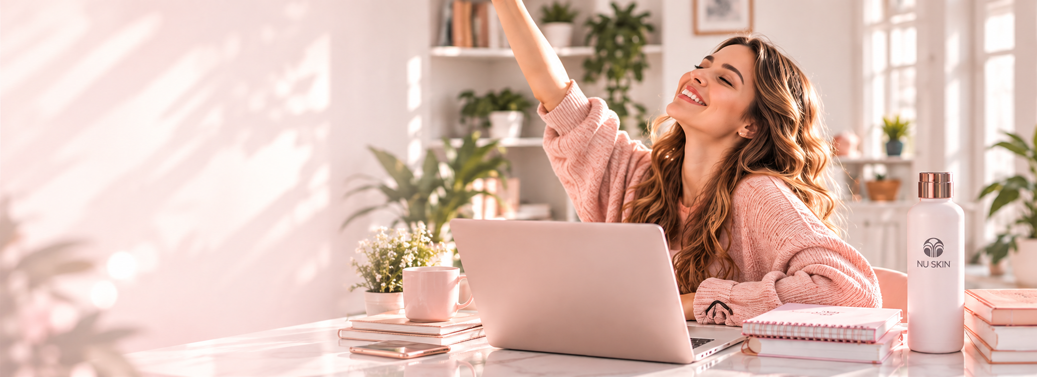 Emprendedora trabajando desde casa con su computadora